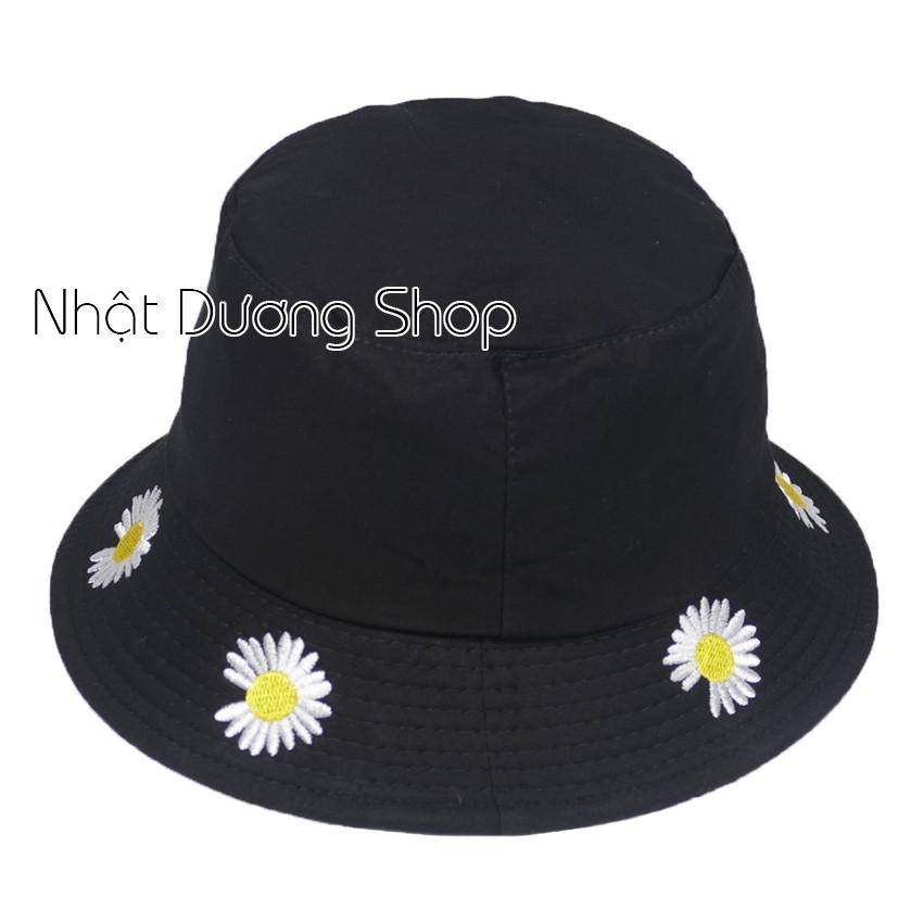 Nón tai bèo thêu hoa cúc xung quanh vành nón - Đen