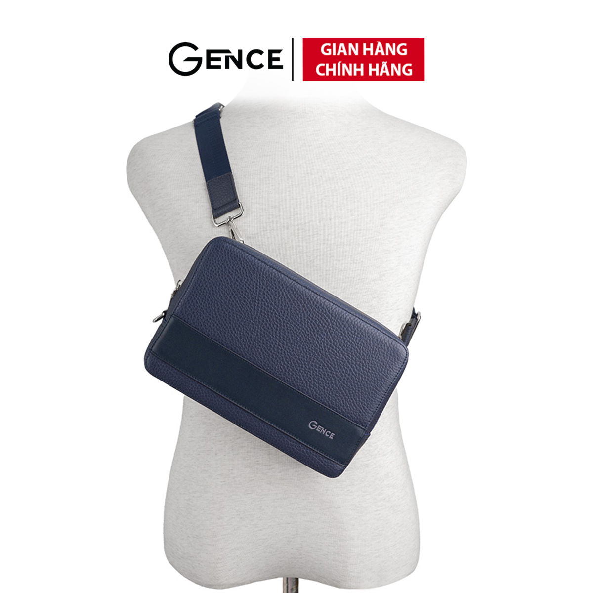 Túi Đeo Chéo Ví Da Nam Cầm Tay GENCE TC01 Chất Liệu Da Bò Cao Cấp Màu Xanh Navy