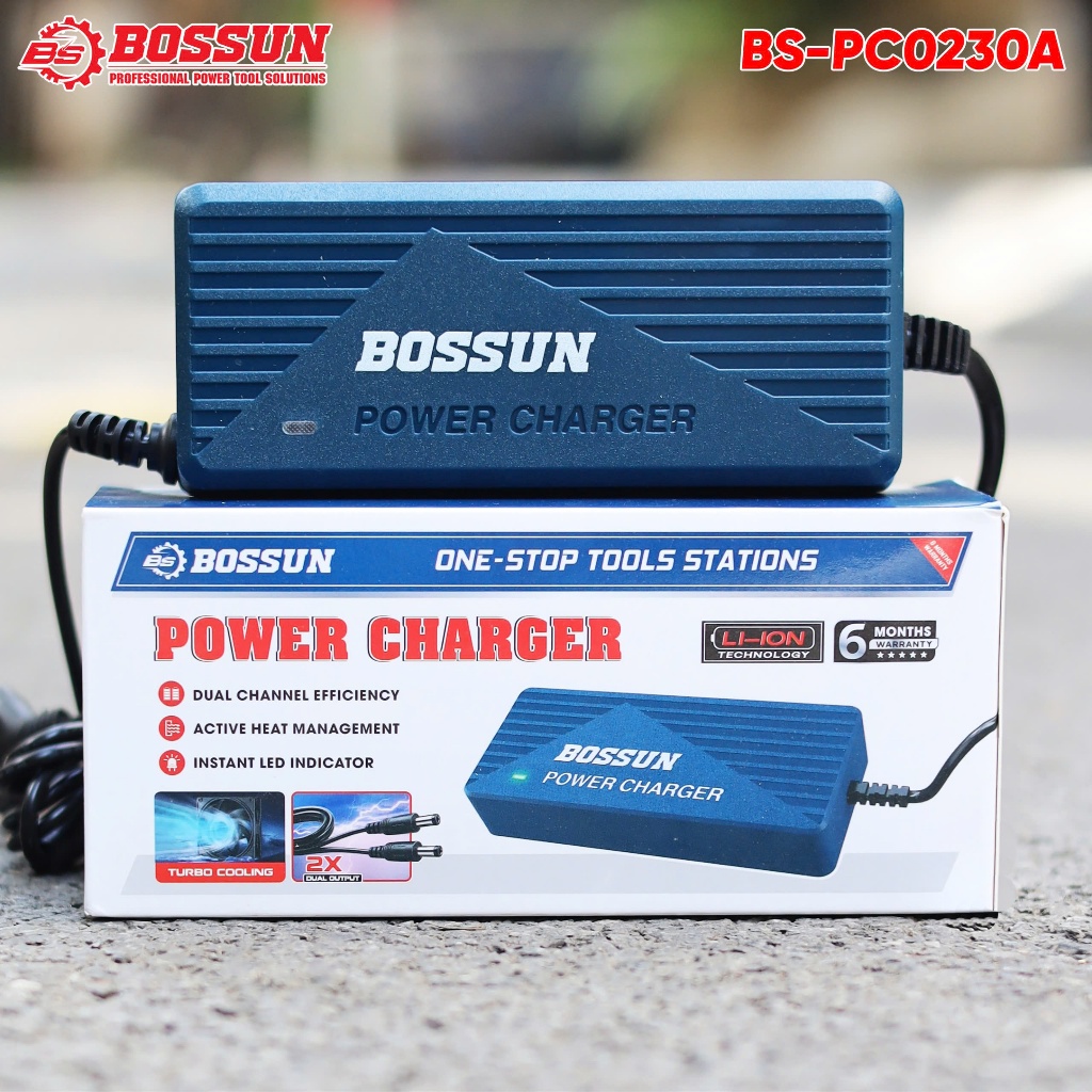 Sạc Nhanh Adapter 3A BOSSUN BS-PC0230A - Sạc 2 Pin Cùng Lúc Cho Pin Máy Khoan, Máy Bulong Pin Mạch Có Quạt Tản Nhiệt