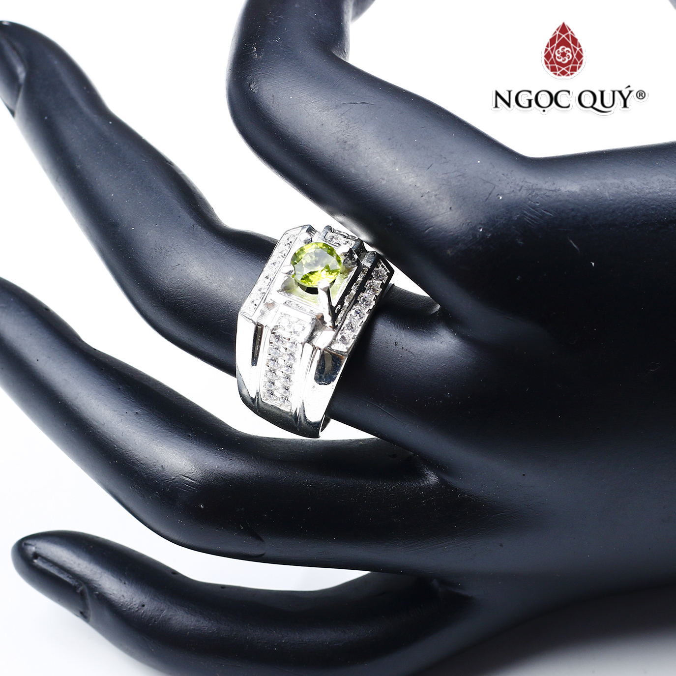 Nhẫn bạc nam mặt đá peridot 19mm mệnh hỏa, mộc - Ngọc Quý Gemstones