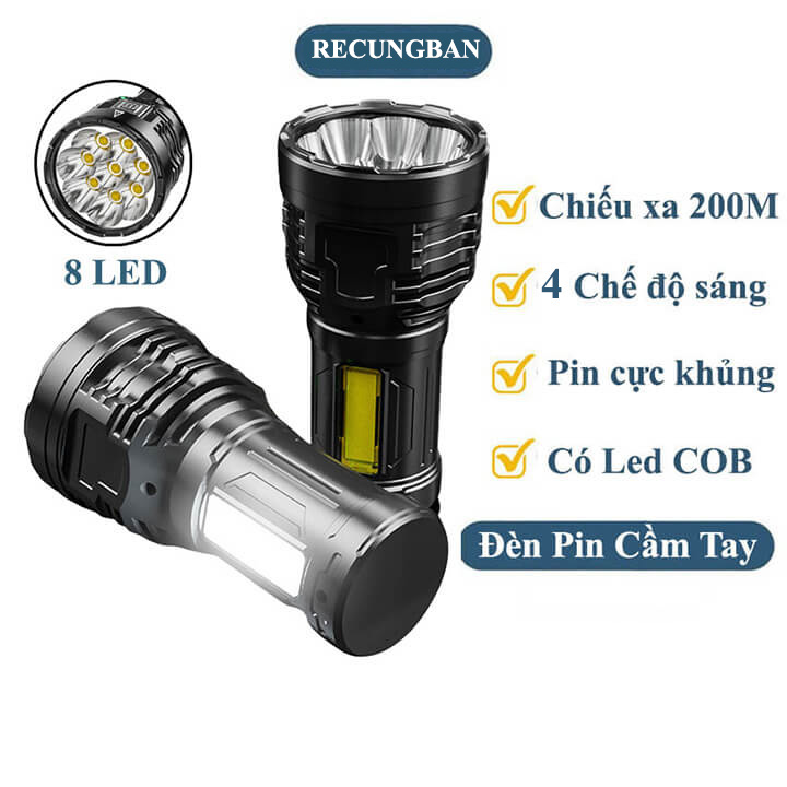 Đèn Pin Cầm Tay Mini Siêu Sáng Chiếu Xa 500m, 4 Chế Độ, Chống Thấm Nước, 8 Bóng Đèn LED Có COB Đèn Cạnh