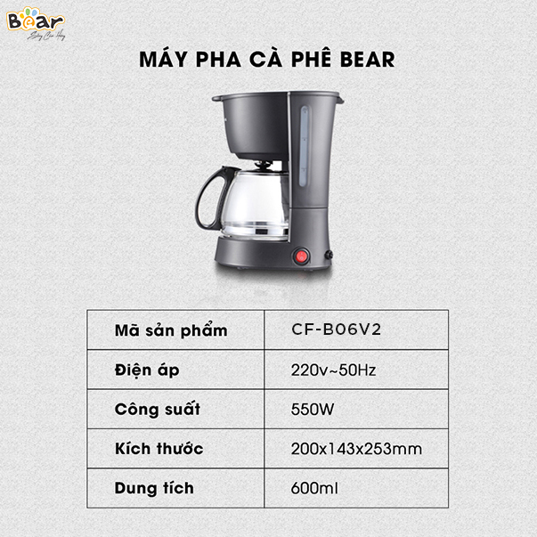 Máy Pha Cafe Mini Bear CF-B06V2 Đa Năng Công Nghệ Kiểm Soát Giữ Nguyên Hương Vị - Hàng Chính Hãng