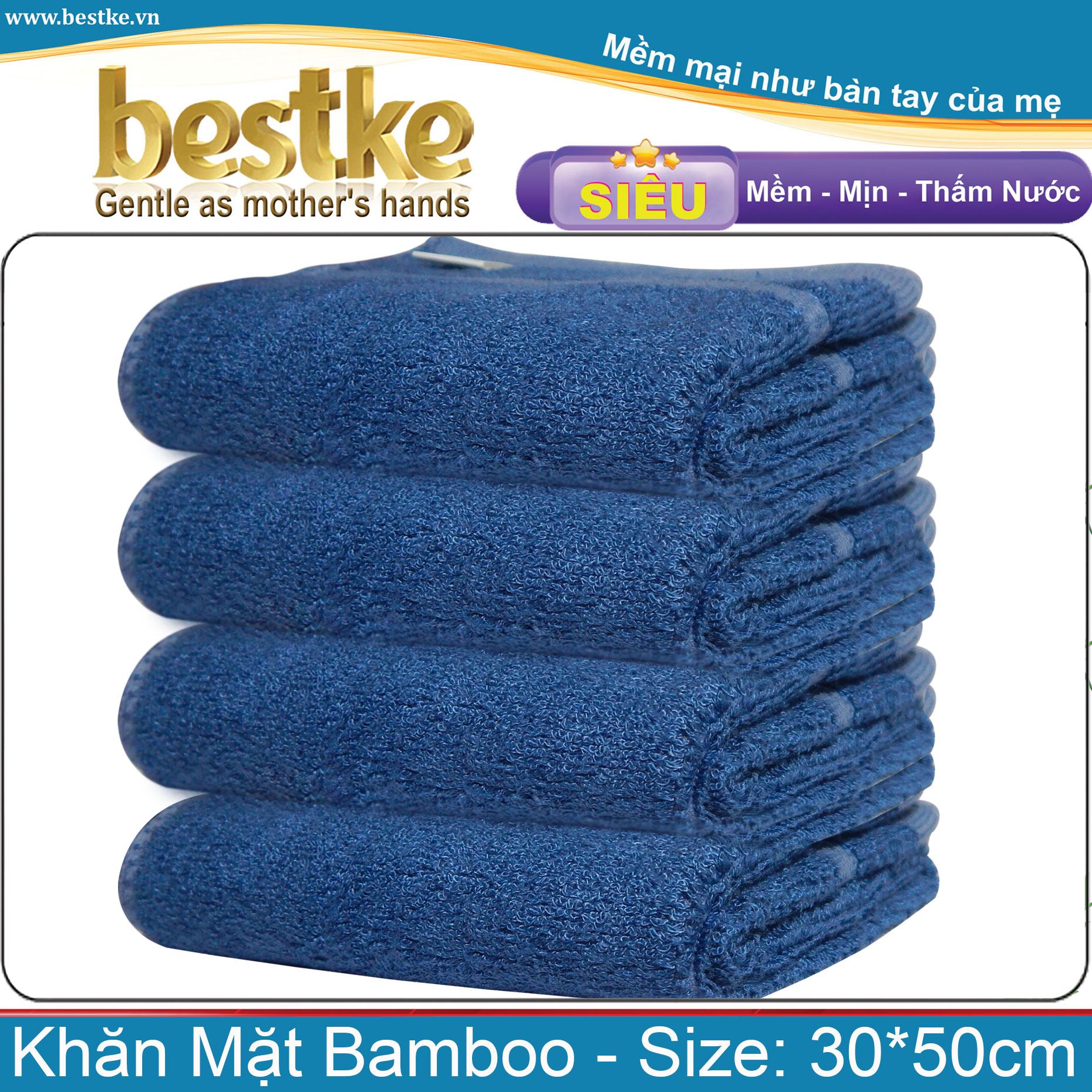 Combo 4 Khăn Mặt sợi tre bestke siêu mềm mịn, thấm hút và không phai màu, size 30*50cm, TL 70g/cái, Bamboo Towels