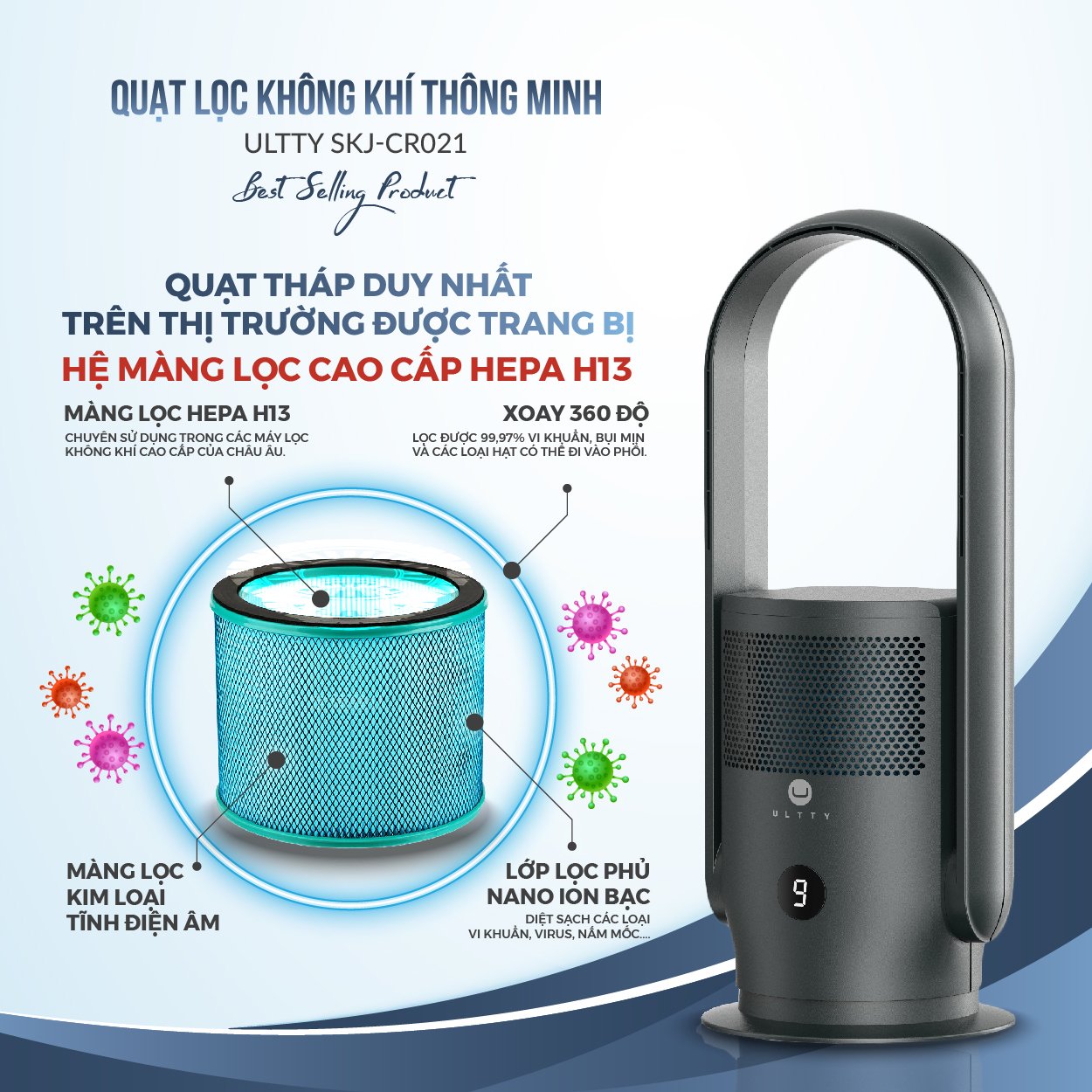 Combo Máy Lọc Không Khí U ULTTY SKJ CR021 Dạng Quạt Màu Trắng + Màng lọc HEPA H13 Nano Phân Tử Bạc - Hàng Chính Hãng