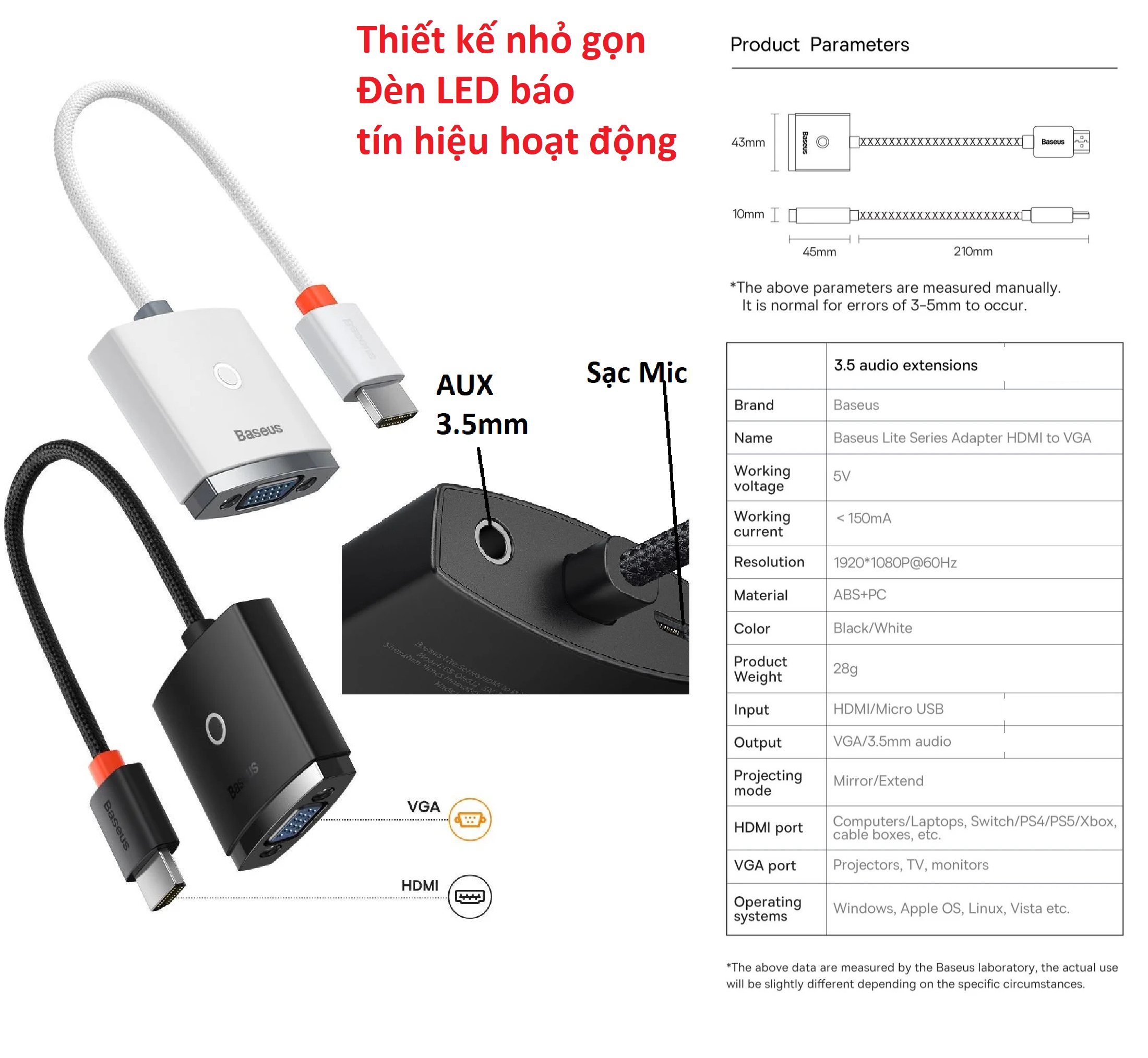 Đầu chuyển HDMI ra VGA hỗ trợ Audio Baseus Lite Series BS-OH011 (Bản AUX) _  hàng chính hãng