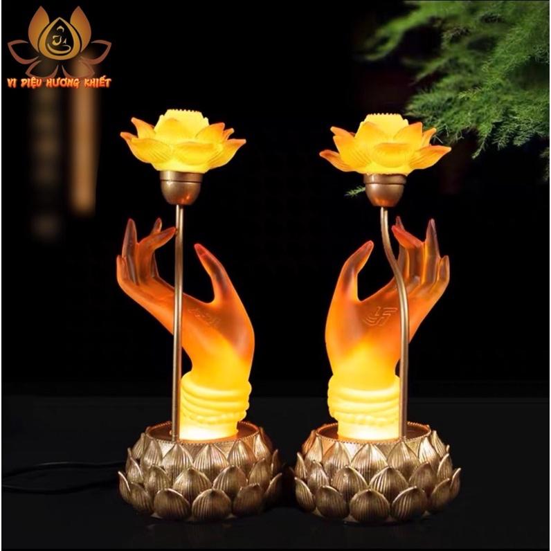 CẶP 2 CÂY ĐÈN LED TAY PHẬT CẦM HOA SEN LƯU LY PHA LÊ THỜ CÚNG TRANG TRÍ