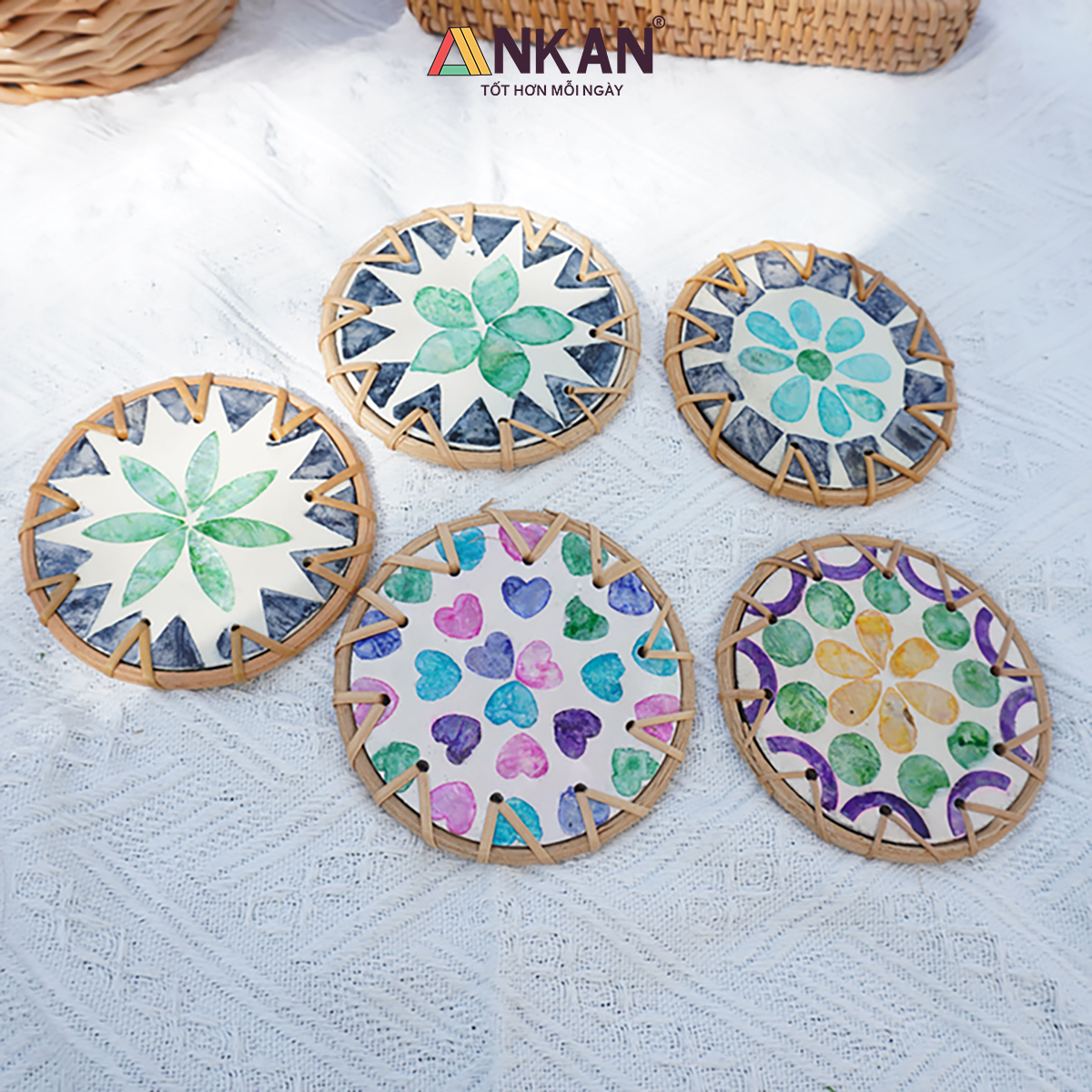 Đế Lót Ly Mây Khảm Trai Tròn ANKAN (10cm) - Lót Cốc Thủ Công Mỹ Nghệ Decor Bàn Ăn, Chụp Ảnh Sang Trọng - Hàng Xuất Khẩu