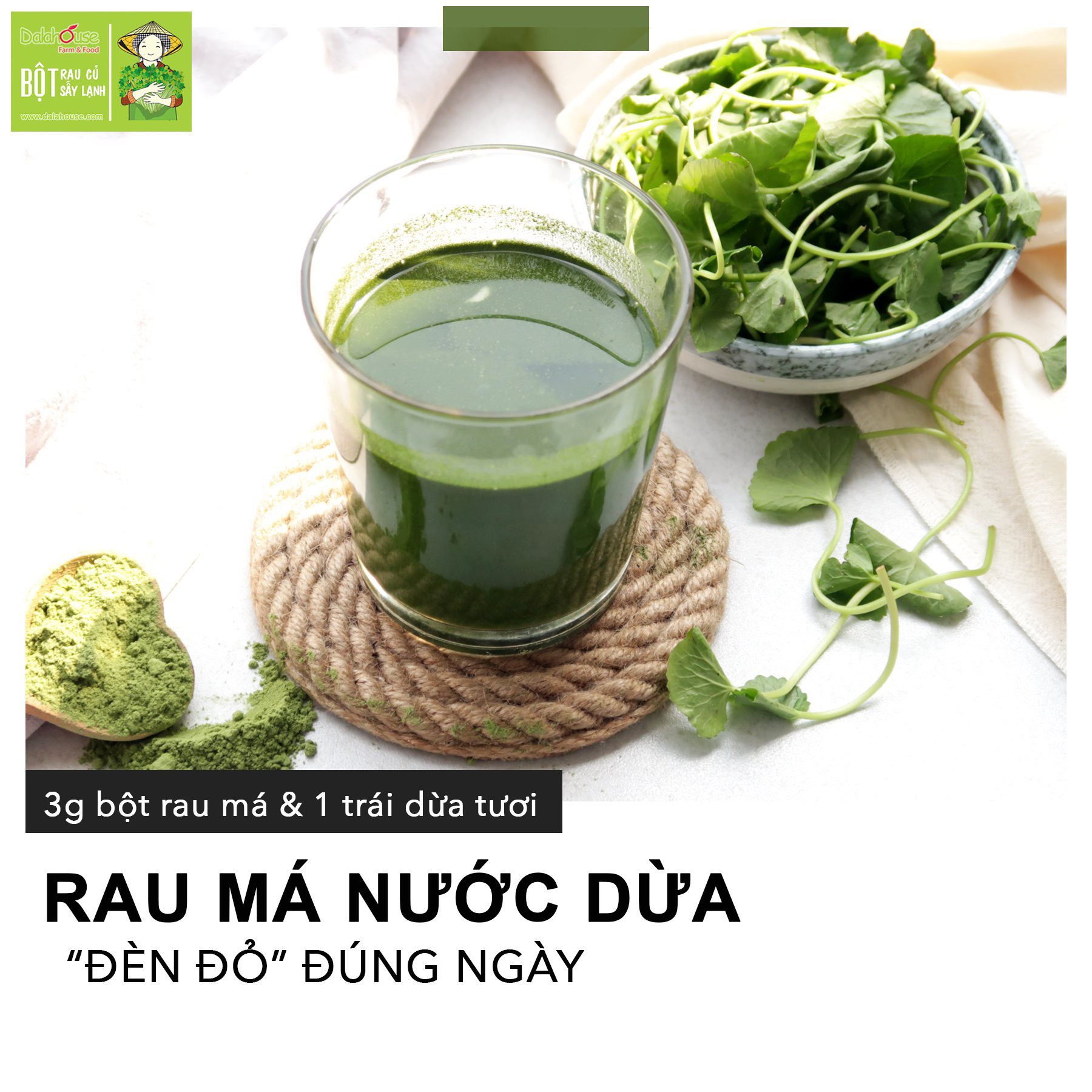 Bột Rau Má hữu cơ nguyên chất sấy lạnh Dalahouse - Hộp 20 gói nhỏ 3gr định lượng sẵn cho 1 lần sử dụng - Giải độc, mát gan, thanh nhiệt cơ thể, giảm mụn, đẹp da. Kháng khuẩn, giảm viêm, hỗ trợ tiêu hóa