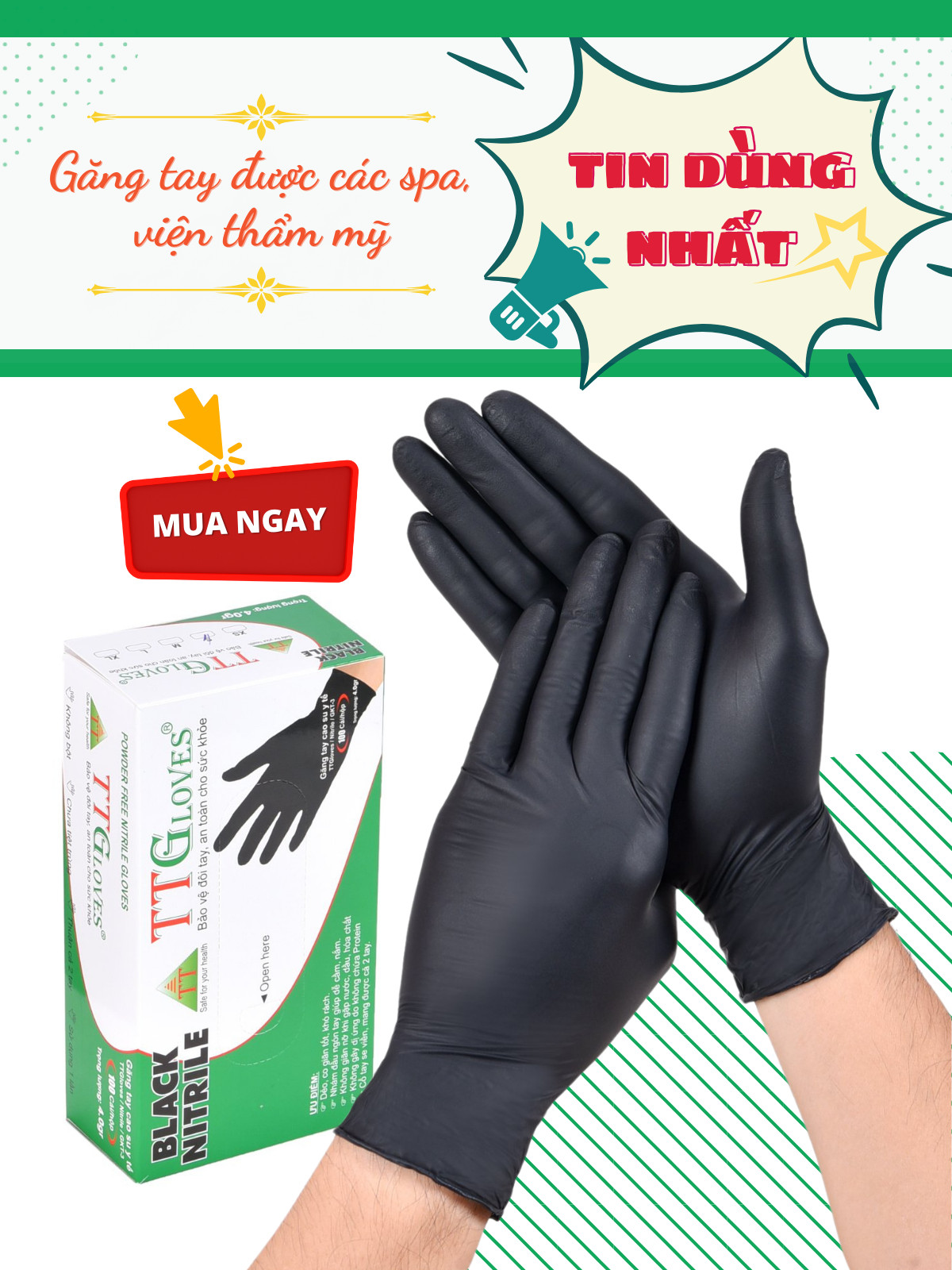 GĂNG TAY Y TẾ CAO CẤP NITRILE MÀU ĐEN TTGLOVES HỘP 100 CHIẾC (SIZE M)