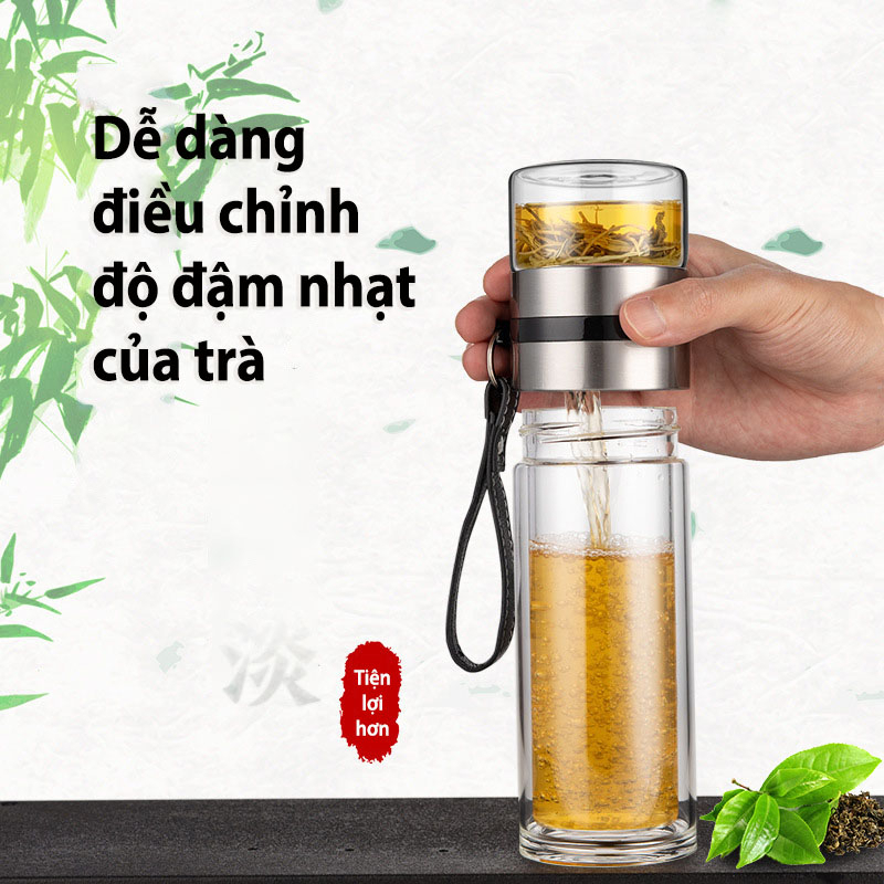 Bình Pha Trà Thủy Tinh 2 Lớp Chịu Nhiệt Lõi Lọc Inox 304 Kèm Quai Xách Tiện Lợi