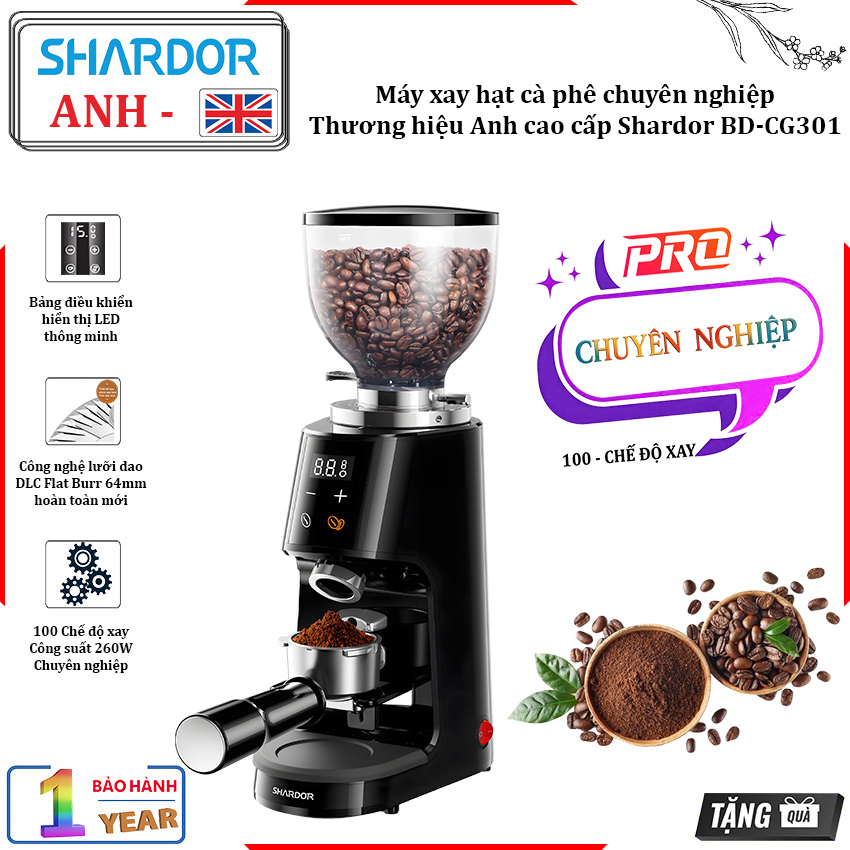 [Hàng nhập khẩu] Máy xay hạt cà phê chuyên nghiệp dùng cho gia đình, quán cà phê vừa và nhỏ. Thương hiệu Anh cao cấp Shardor BD-CG301