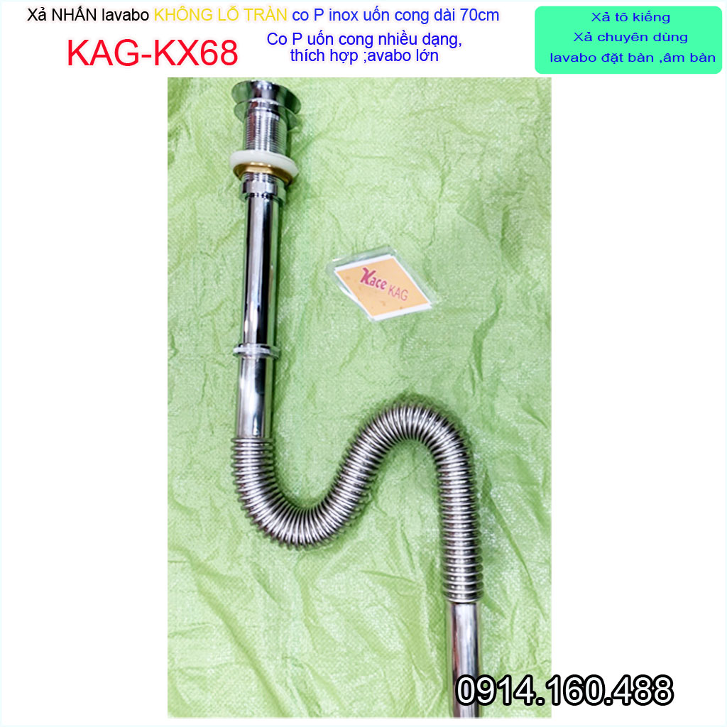 Bộ xả nước chậu rửa mặt KAG-KX68 không lỗ tràn, Xả lavabo kiếng ấn tay ống thải co P inox mềm có thể uốn bẻ chuyên dùng cho lavabo tủ