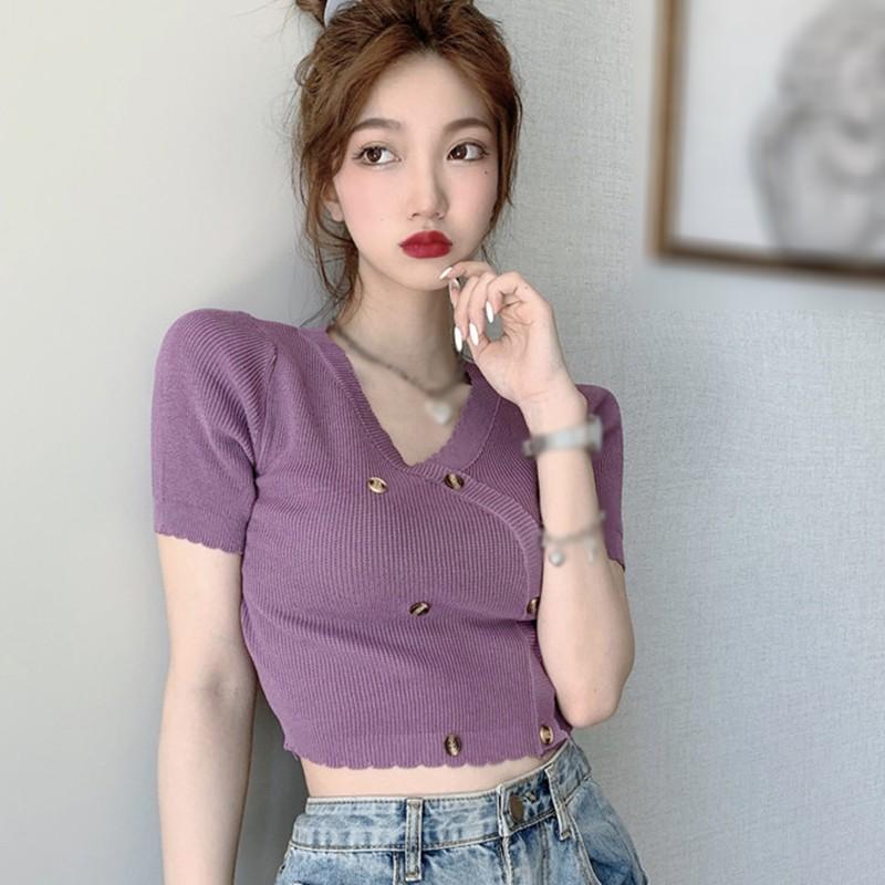 Áo Croptop Dệt Kim Tay Ngắn Cổ Chữ V Màu Trơn Thời Trang Cho Nữ