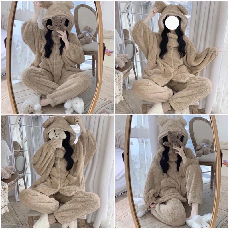 Bộ đồ ngủ tai gấu mùa đông màu nâu be Hàn Quốc Chất lông dày dặn from rộng ULZZANG, XUONGMAYSIGIARE