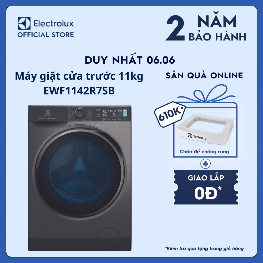 [Free Giao lắp] Máy giặt cửa trước Electrolux 11kg EWF1142R7SB - Giặt sạch 49 loại vết bẩn, diệt khuẩn 99.9% bằng hơi nước, kết nối Wifi, tư vấn chăm sóc quần áo [Hàng chính hãng]