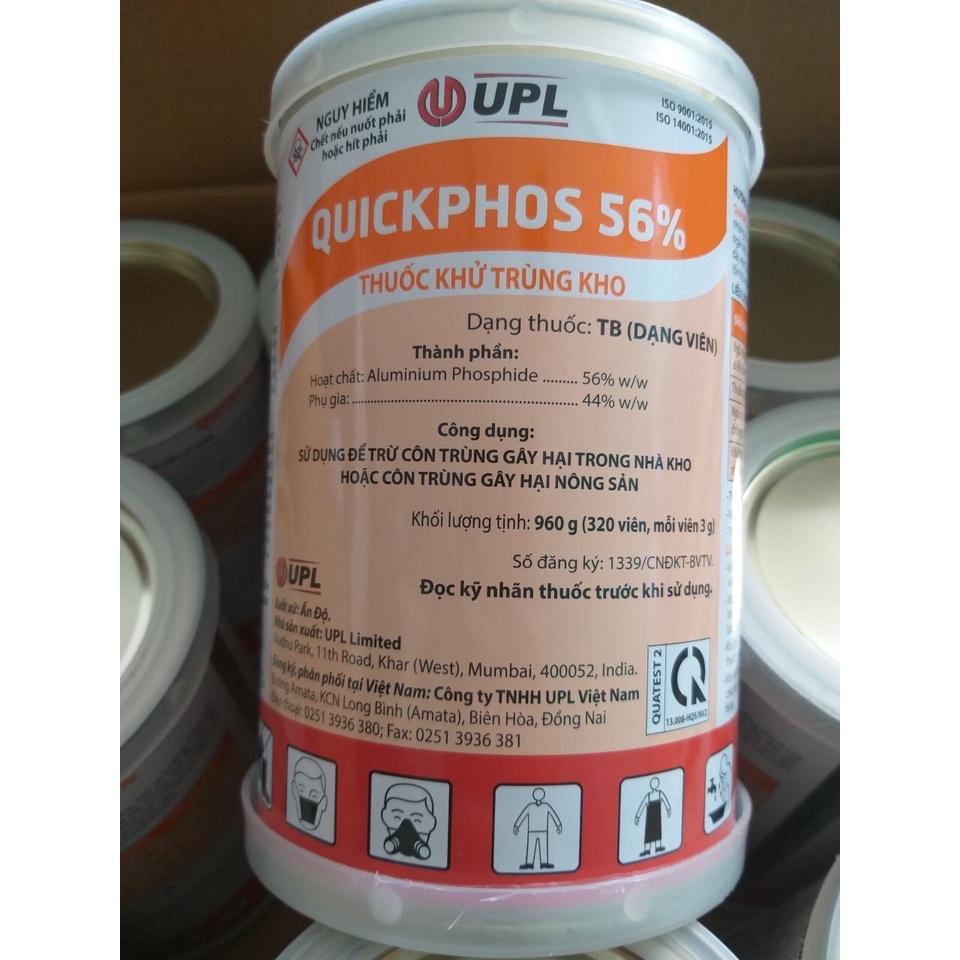 Sản phẩm khử trùng, diệt mọt nông sản Quickphos 56% xuất xứ Ấn Độ. Dạng viên tròn có tuýp, 1 hộp nặng 960g .