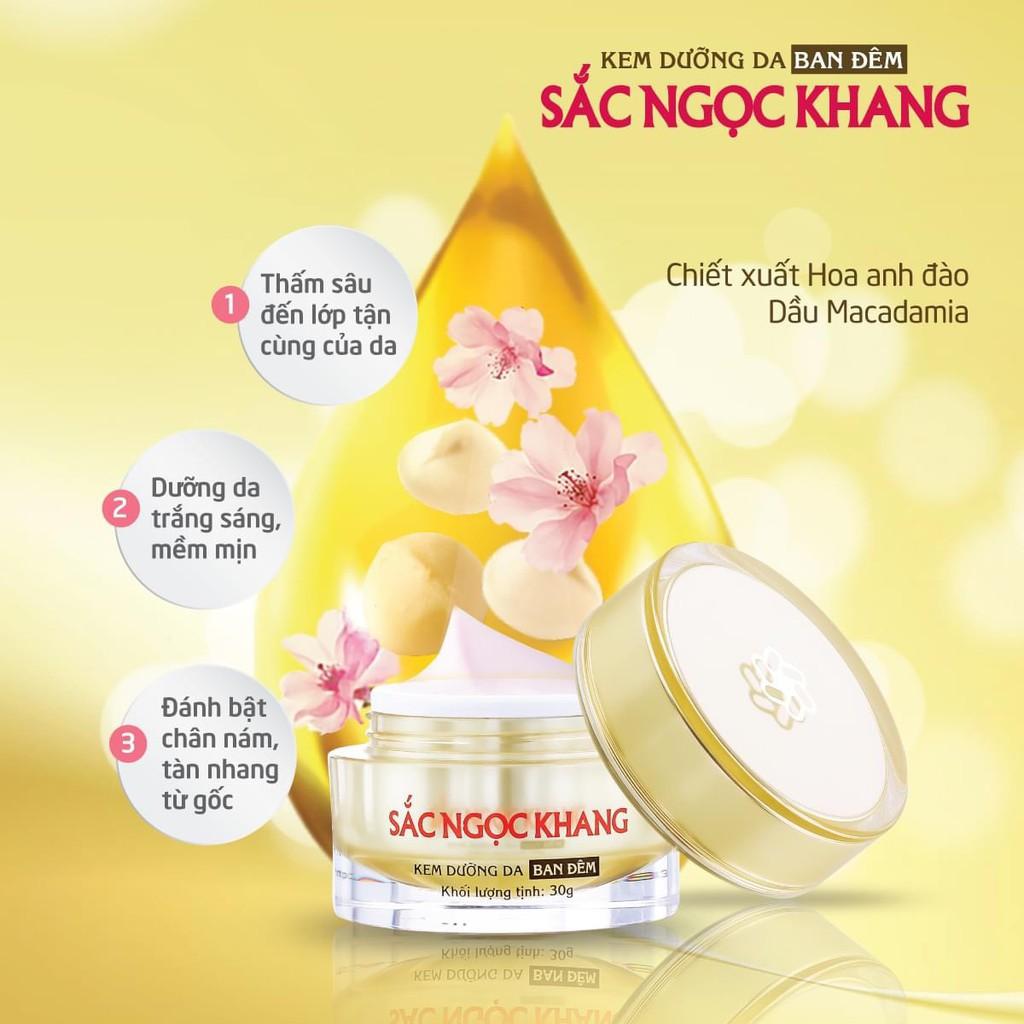 Combo dưỡng ẩm &amp; bảo vệ da Sắc Ngọc Khang 4 món: Kem ban đêm 30g + Kem chống nắng 50g + Nước hoa hồng 145ml + Sữa rửa mặt 100g