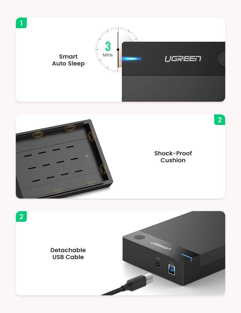 Ugreen UG50423US222TK hỗ trợ 16TB hộp đựng ổ cứng 3.5&quot; 2.5 inch chuẩn SATA ra usb 3.0 có cấp nguồn - HÀNG CHÍNH HÃNG