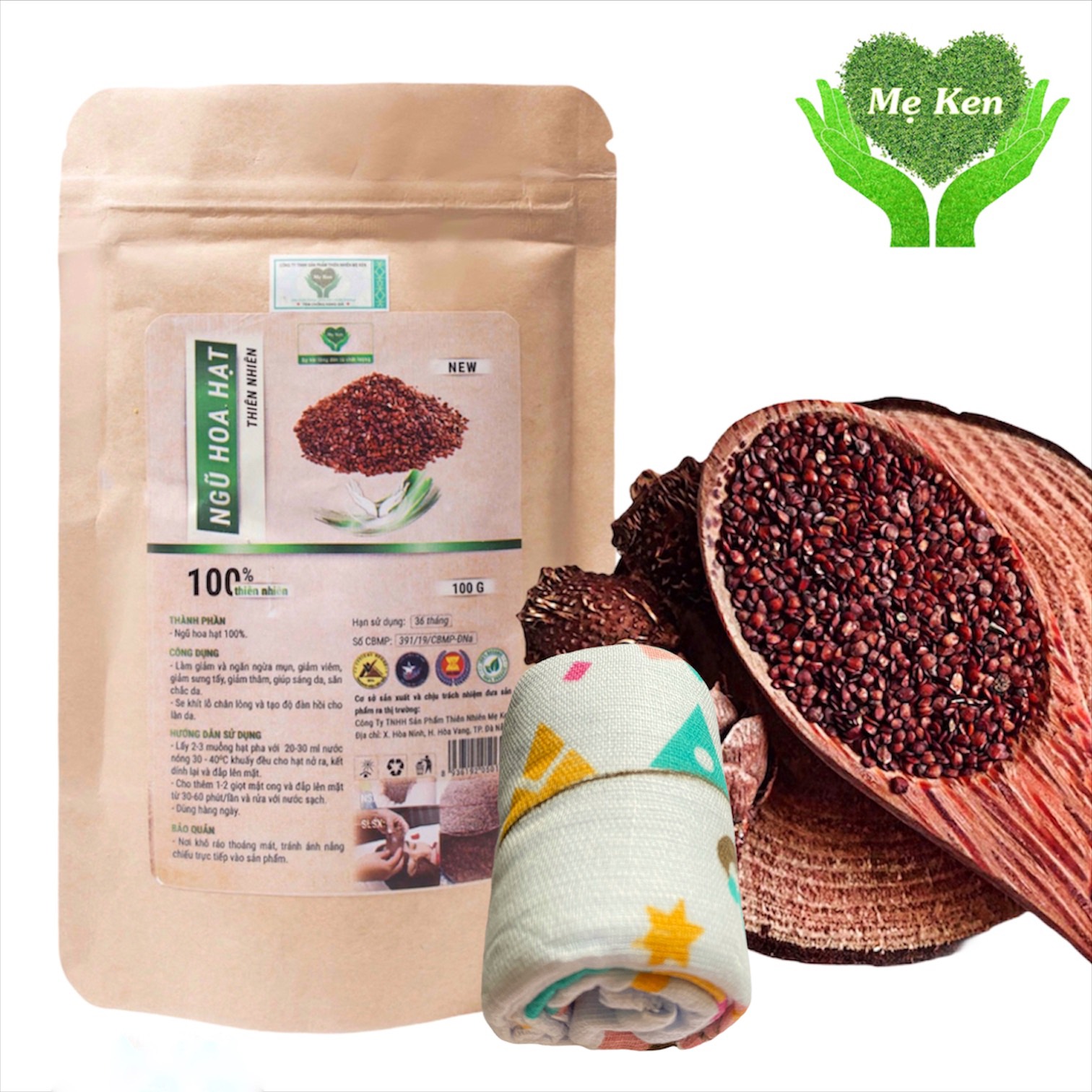 Ngũ hoa hạt thiên nhiên MẸ KEN 100G - ngũ hoa đắp mặt, mặt nạ ngũ hoa hạt, hạt đình lịch - Tặng kèm khăn mặt