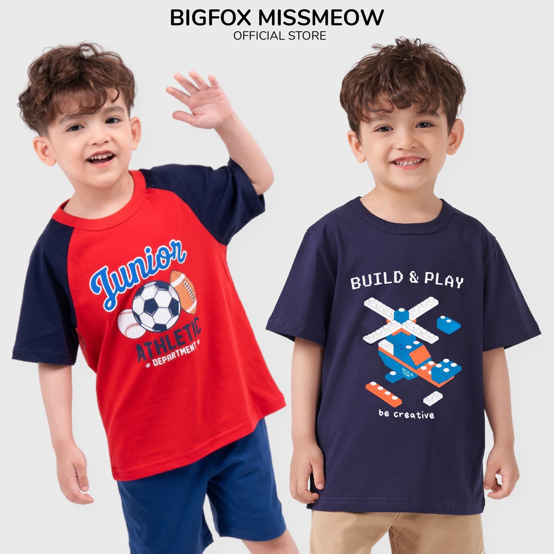 Áo cộc tay bé trai BIGFOX - MISS MEOW size đại mặc nhà mùa hè, áo phông cho bé trai chất cotton phong cách Âu Mỹ cỡ 3-8 tuổi 10 - 26 kg QATE 01