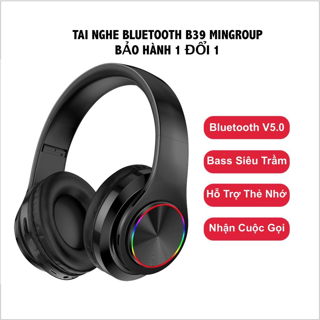 Tai nghe Bluetooth V5.0 không dây B39 LED Bass siêu trầm tặng kèm Zack 3.5mm - Đàm thoại 2 chiều hỗ trợ thẻ nhớ