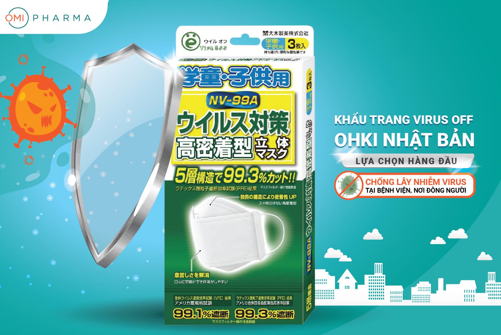 (Mua 3 tặng 1) Combo 3 hộp Khẩu trang trẻ em Virus Off - Ohki Nhật Bản thiết kế 3D ôm sát mặt NV-99A 3 miếng