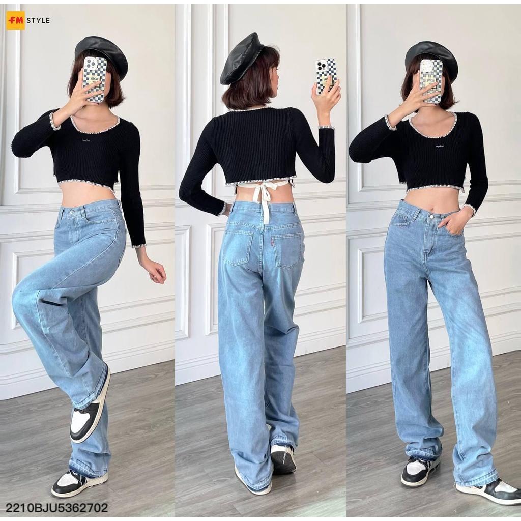 Quần jean nữ FM Style kiểu dáng baggy suông trơn lai cuốn vằn tua thời trang basic phong cách ulzzang 210270031