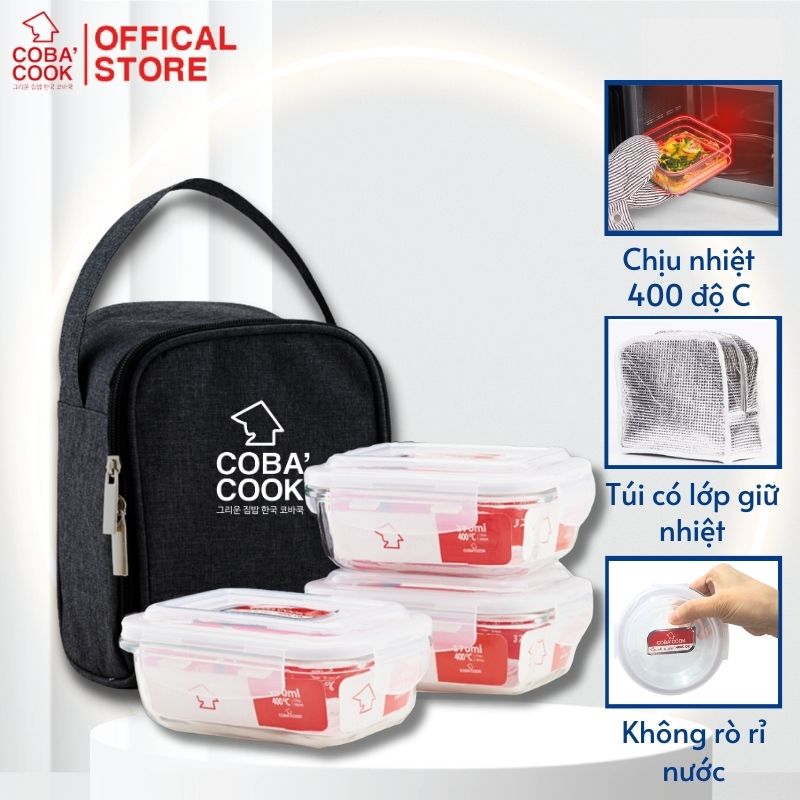 Bộ túi hộp cơm thủy tinh COBA'COOK Thủy tinh cường lực chịu nhiệt tới 400 độ C Gồm 3 hộp 370ml và 1 túi - CCL33BS