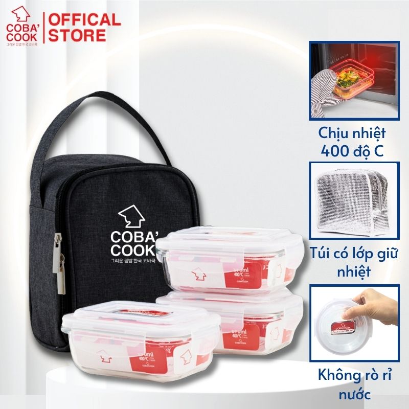 Hình ảnh Bộ túi hộp cơm thủy tinh COBA'COOK Thủy tinh cường lực chịu nhiệt tới 400 độ C  Gồm 3 hộp 370ml và 1 túi - CCL33BS