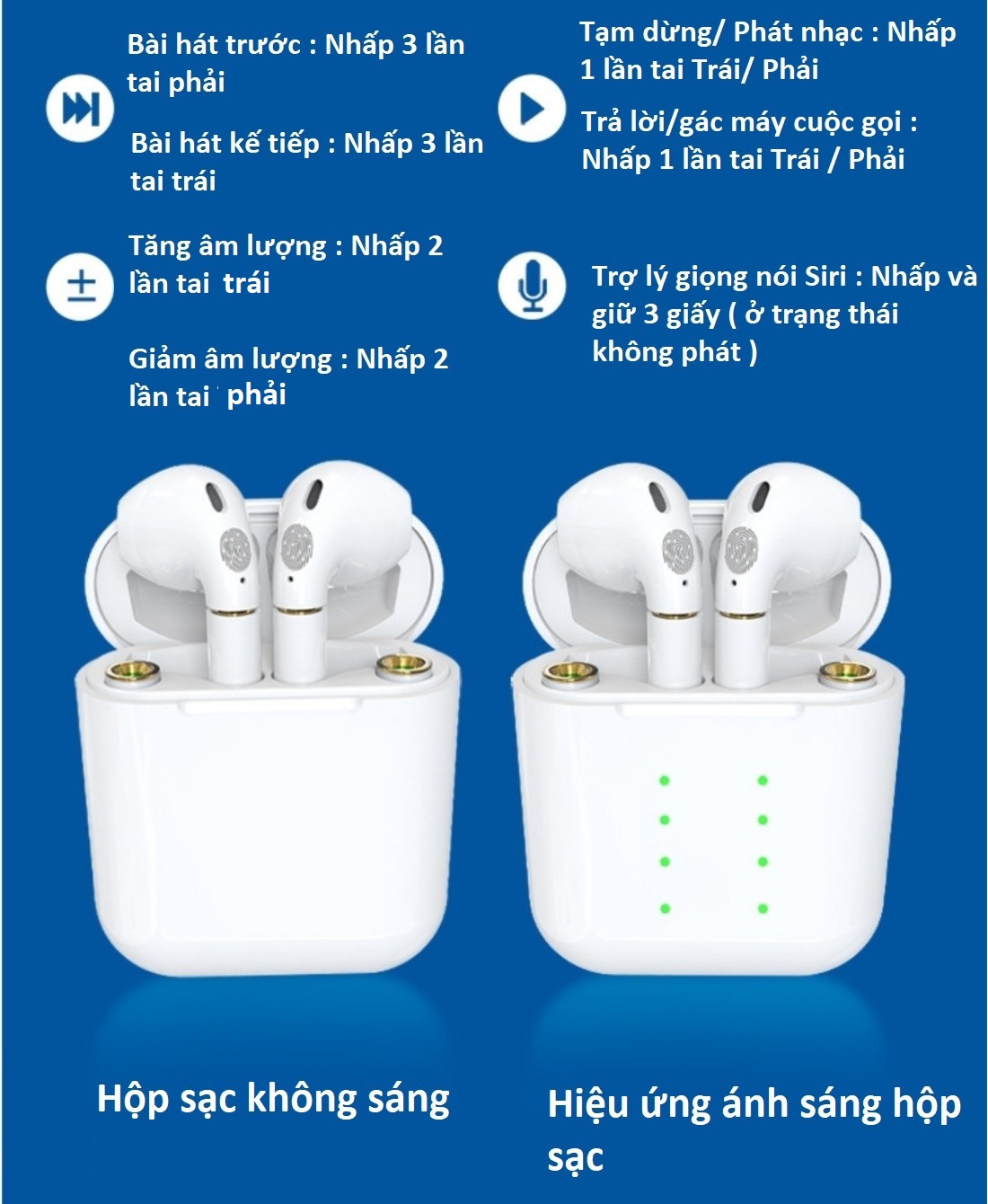 Tai nghe Bluetooth 5.0 TWS cảm ứng với chất lượng âm thanh Hifi , trợ lý giọng nói Siri, hỗ trợ cho mọi dòng máy IOS / Androi / Apple .