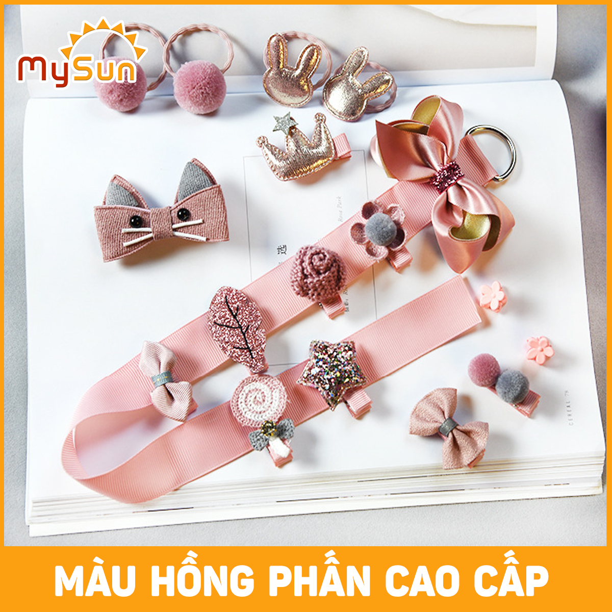 Hộp kẹp nơ dây buộc tóc trẻ em kèm phụ kiện cho bé gái xinh xắn.