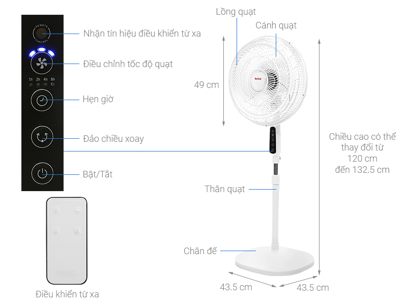 Quạt đứng Tefal VH659690 - Có Remote - Loại motor Bạc thau - 3 cánh quạt - Công suất 55W - Công nghệ Pháp - Hàng chính hãng
