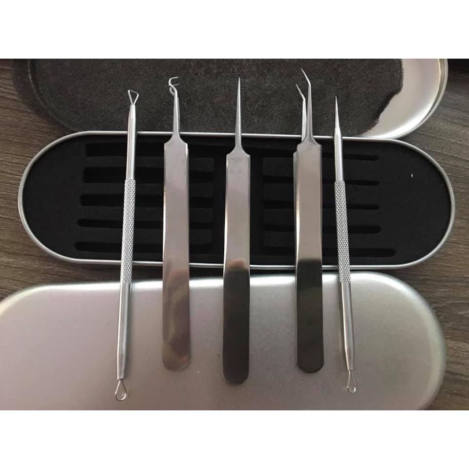 Bộ lấy mụn 5 chi tiết chuyên dụng, 3 nhíp gắp và 2 que nặn