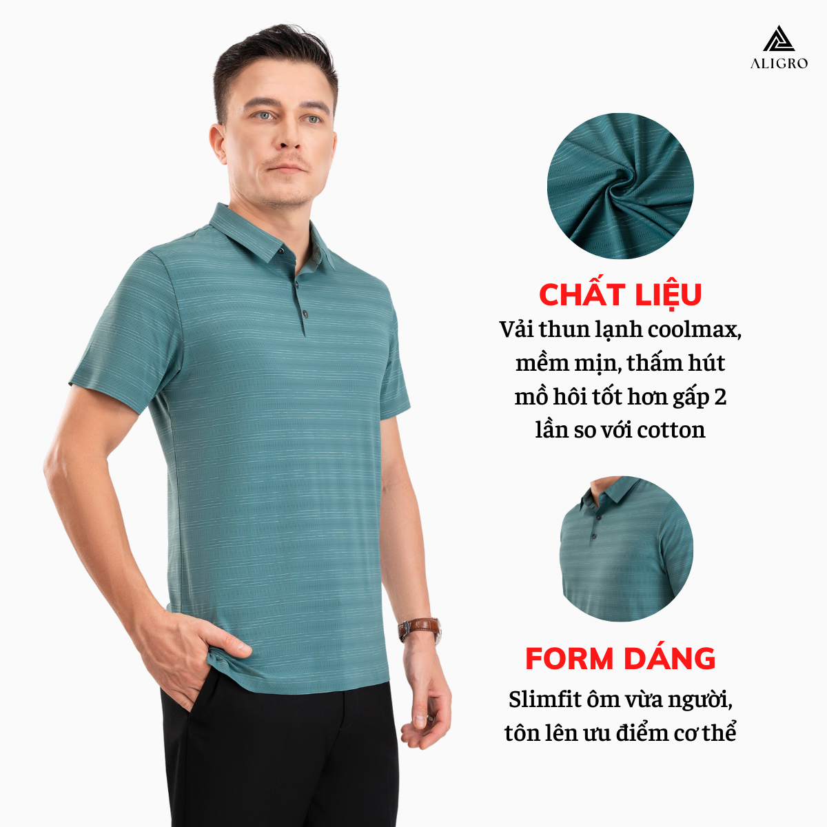 Áo polo golf nam ngắn tay ALIGRO chất vải coolmax kẻ ngang màu xanh rêu năng động ALGPLO118