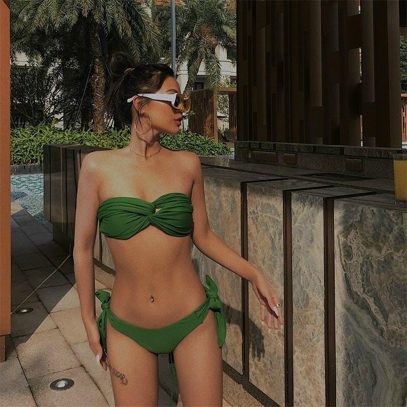 Bikini 2 mảnh áo xoắn cup ngực quần buộc nơ
