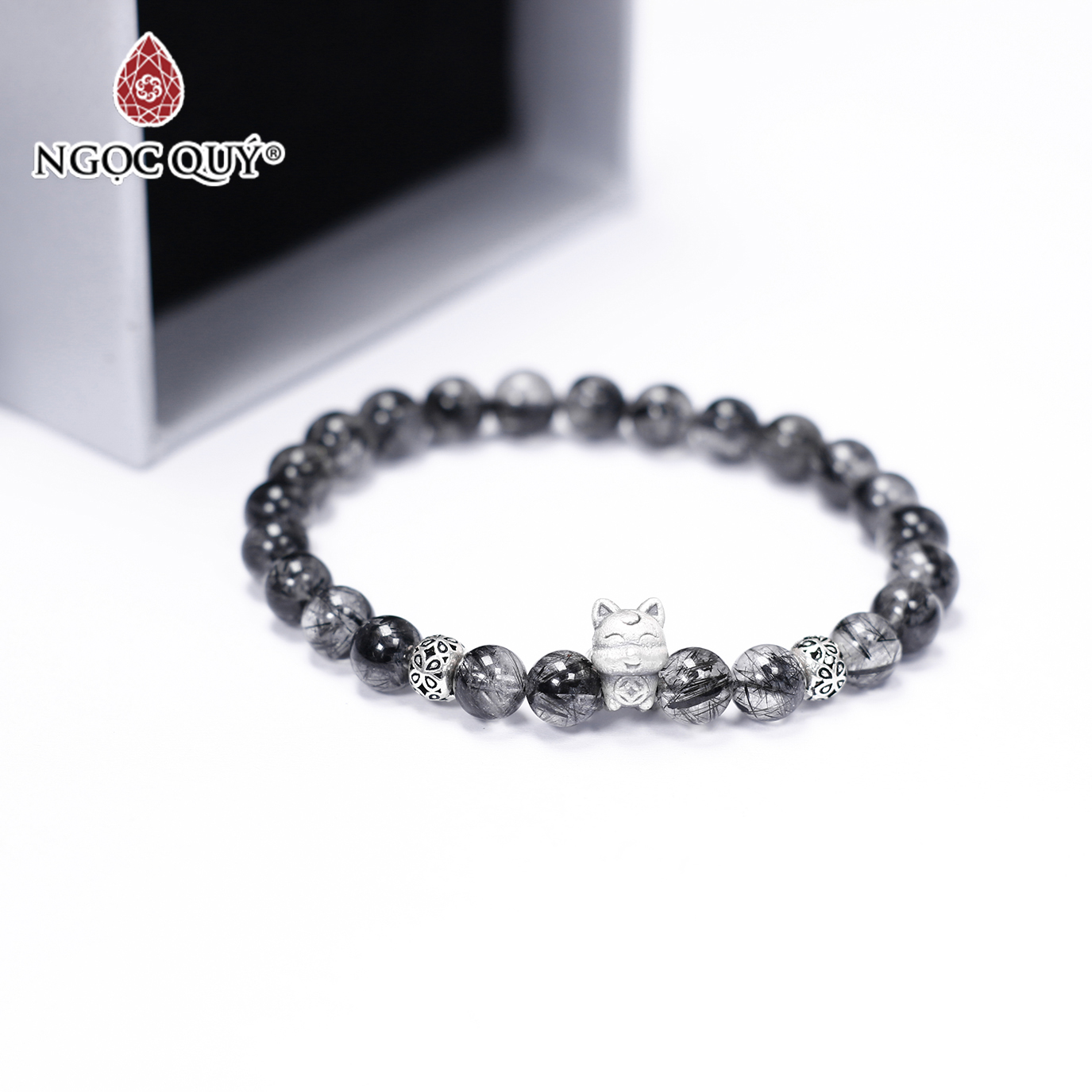 Vòng tay đá thạch anh tóc đen phối hồ ly 9 đuôi size hạt 7mm mệnh thủy, mộc - Ngọc Quý Gemstones