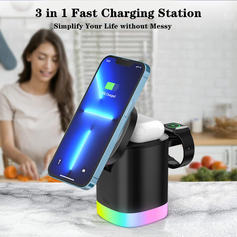 Bộ sạc không dây từ tính 3 trong 1 cho iPhone 14 13 12 Pro Max có thể gập lại trạm sạc nhanh có đèn RGB cho Apple Watch 8 7