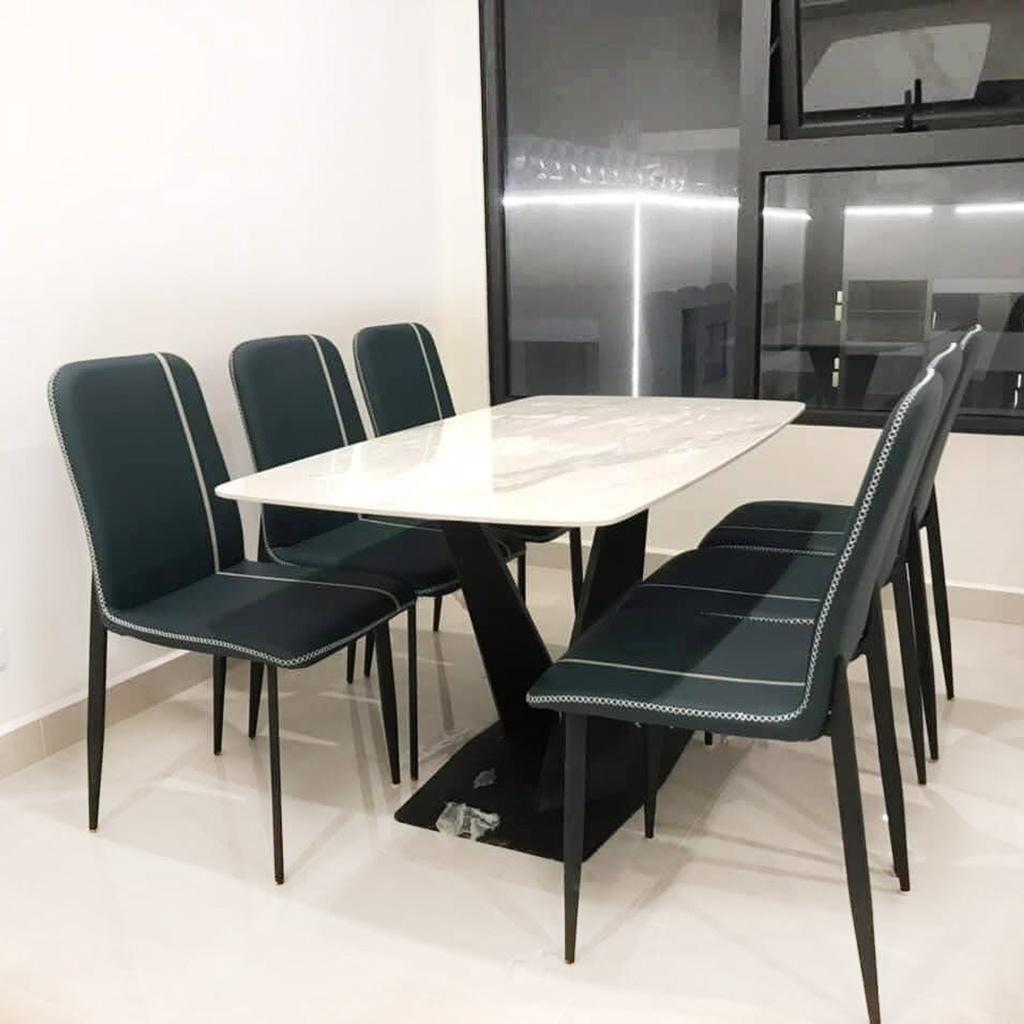 Bộ bàn ăn mặt đá ceramic 6 ghế nhập khẩu Funhouse, khung sắt sơn tĩnh điện, ghế da cao cấp - Bảo hành 2 năm