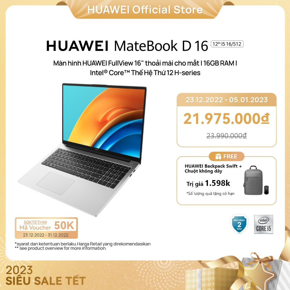 Máy Tính Xách Tay HUAWEI MateBook D 16 (16GB/512GB) Màn hình HUAWEI FullView 16&quot; | Intel Core i5 Thế Hệ Thứ 12 H-Series | Hàng Chính Hãng