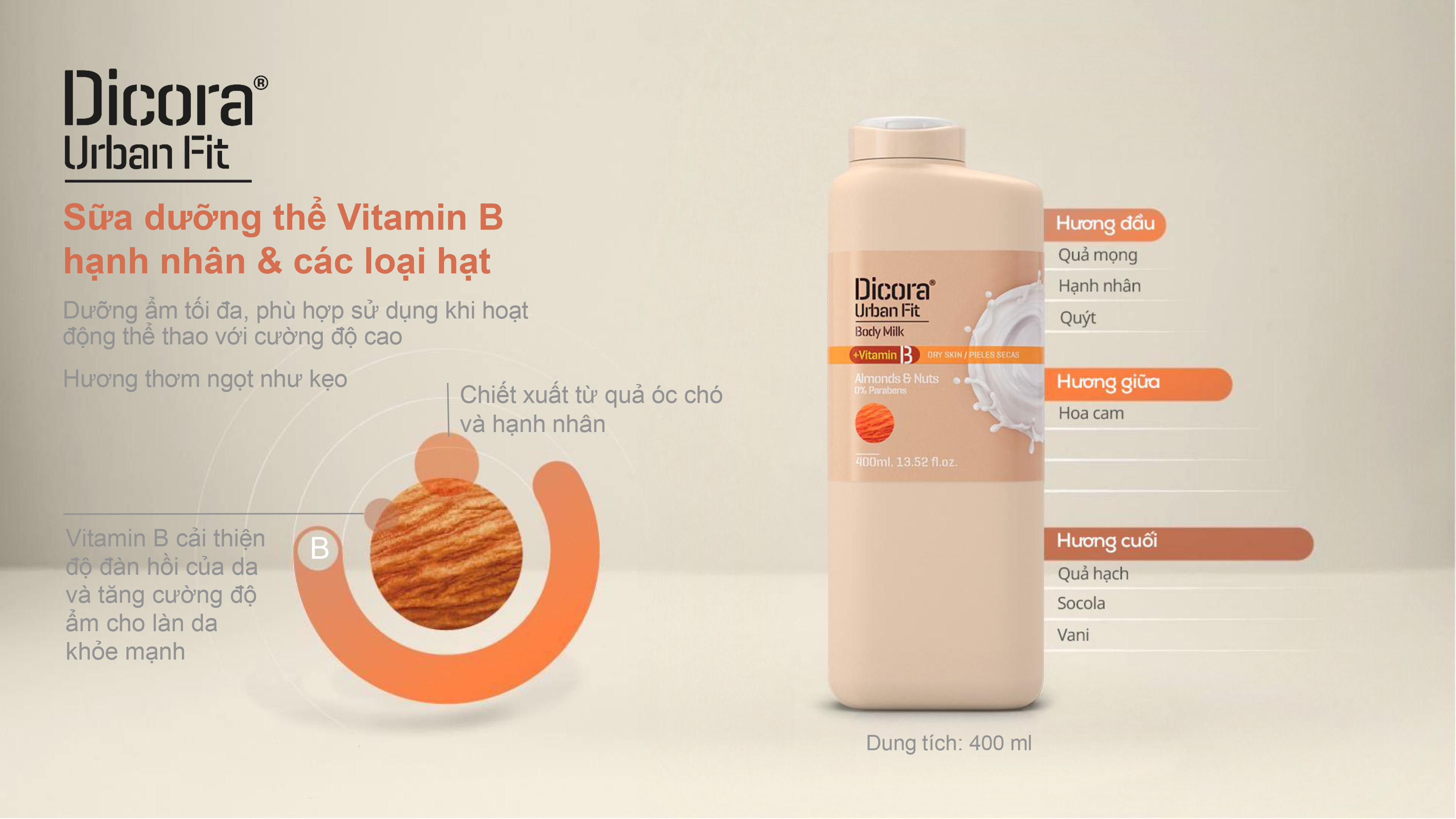 Sữa dưỡng thể Dicora Urban Fit Almonds &amp; Nuts Vitamin B Hạnh Nhân &amp; Các Loại Hạt 400ml