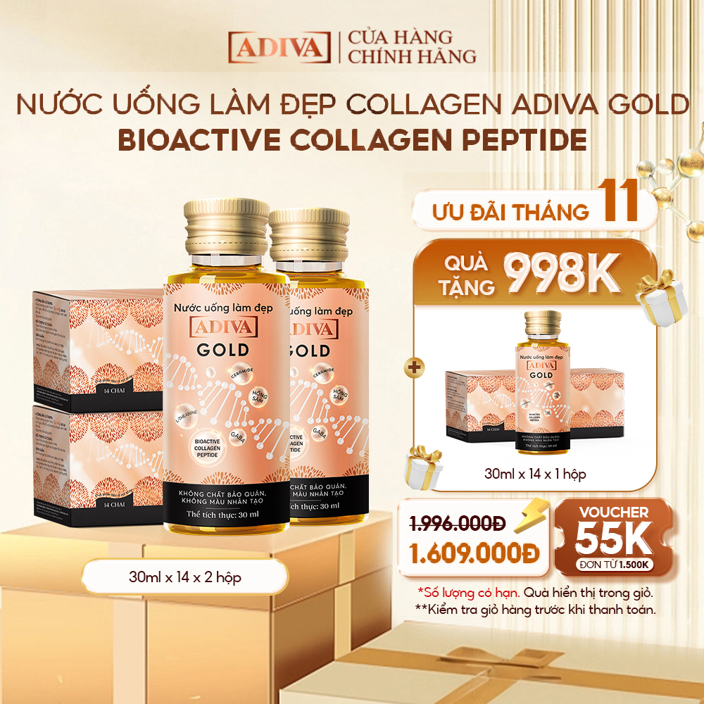 2 Hộp Nước Uống Làm Đẹp Collagen ADIVA Gold (14Chai/ Hộp)- Giúp Làn Da Căng Mịn, Giảm Nếp Nhăn Và Chống Lão Hóa