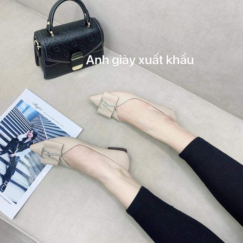GB07 - Giày búp bê, giày bệt da lì mũi nhọn nơ ngang chữ đá đế mềm dẻo