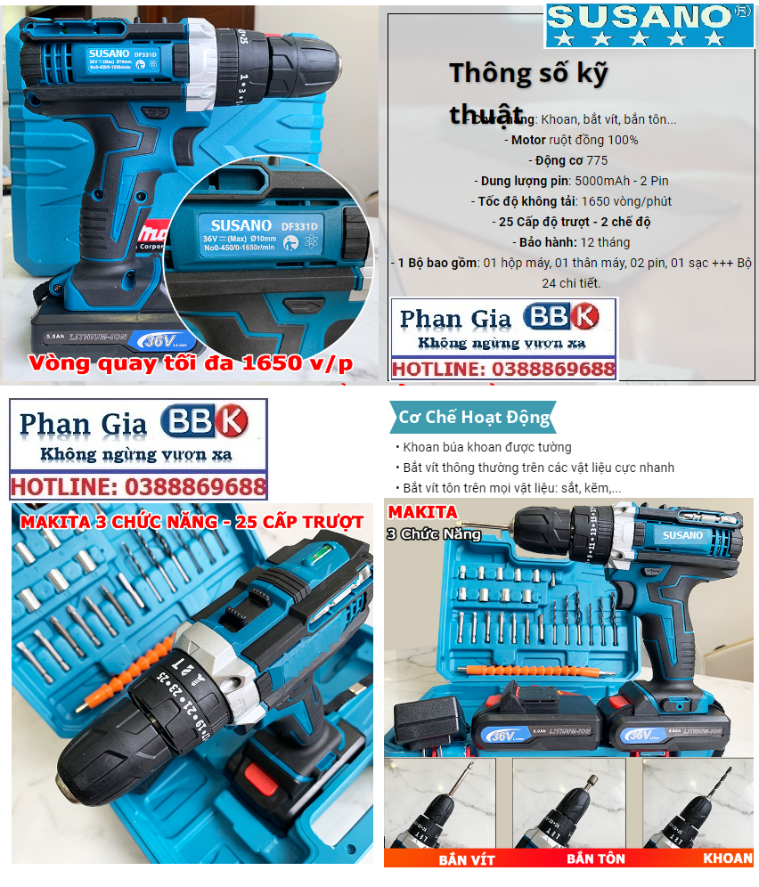 Máy khoan pin SUSANO 36V 3 chức năng- Tặng bộ phụ kiện 24 chi tiết, Lõi đồng, Máy bắn vít cầm tay