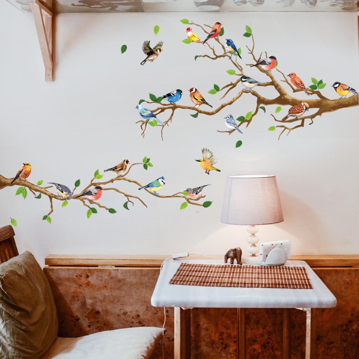 Nhãn dán tường chi nhánh của Hummingbird, lá màu xanh lá cây và chim nghệ thuật dán tường vinyl, phòng khách phòng ngủ phòng ngủ nhà bếp tự dính trang trí tường