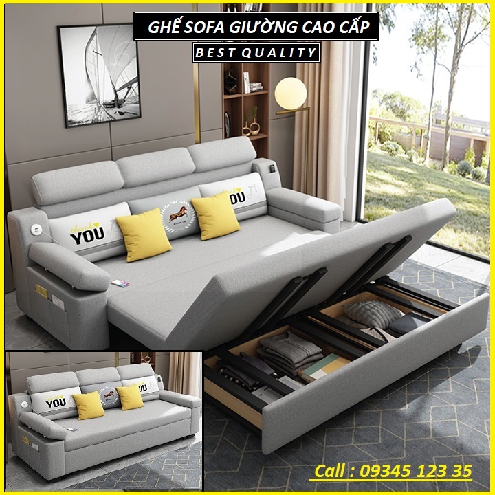 Giường Ngủ Sofa Gấp Gọn Thành Ghế Sofa. Ghế Sofa Giường. Giường Sofa Vải Lanh Cao Cấp Có Ngăn Chứa Đồ, Cổng Sạc USB. Tặng Kèm Gối Cùng Tone