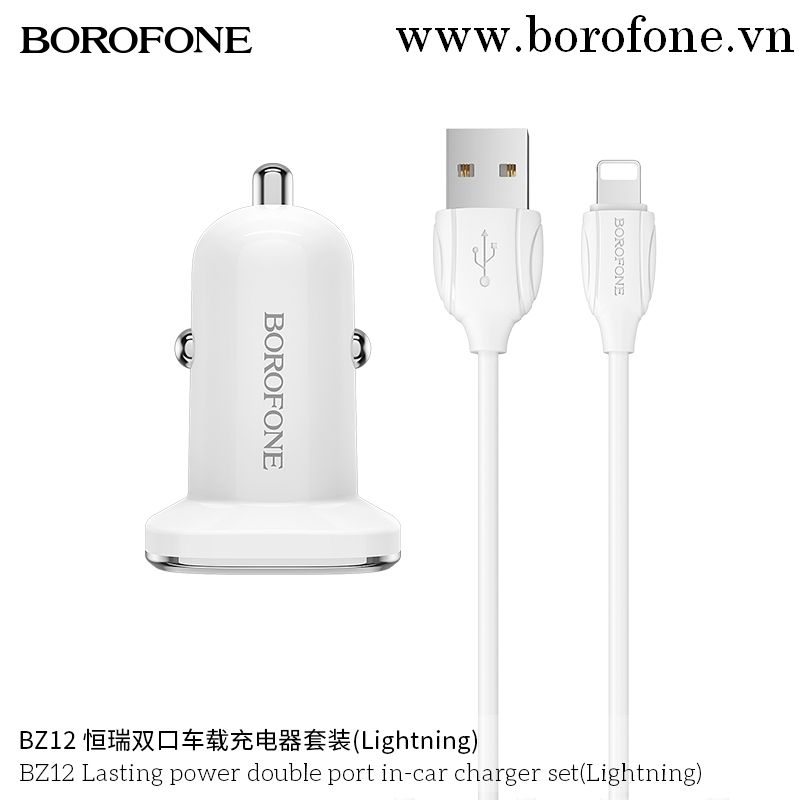 Bộ Sạc Dành Cho Borofone 2 Cổng Usb Trên Ô Tô Cổng LN Cho IP BZ12 2.4A Hàng Chính Hãng