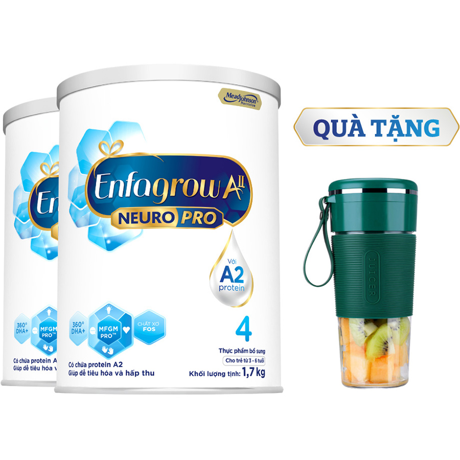 Bộ 2 lon Sữa bột Enfagrow A2 Neuro Pro 4 dành cho trẻ 3-6 tuổi - 1.7 kg - Tặng Máy xay sinh tố cầm tay