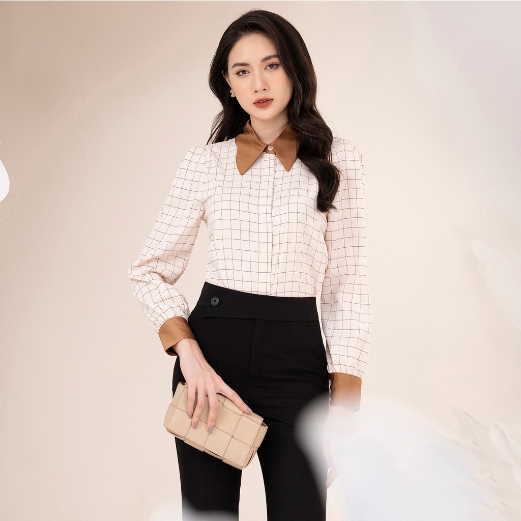 Áo Sơ Mi Nữ Dài Tay Kẻ Caro Công Sở Phối Cổ Tây UK Fashion Thời Trang Basic Vải Hàn, Thoáng Mát NKSM2210002