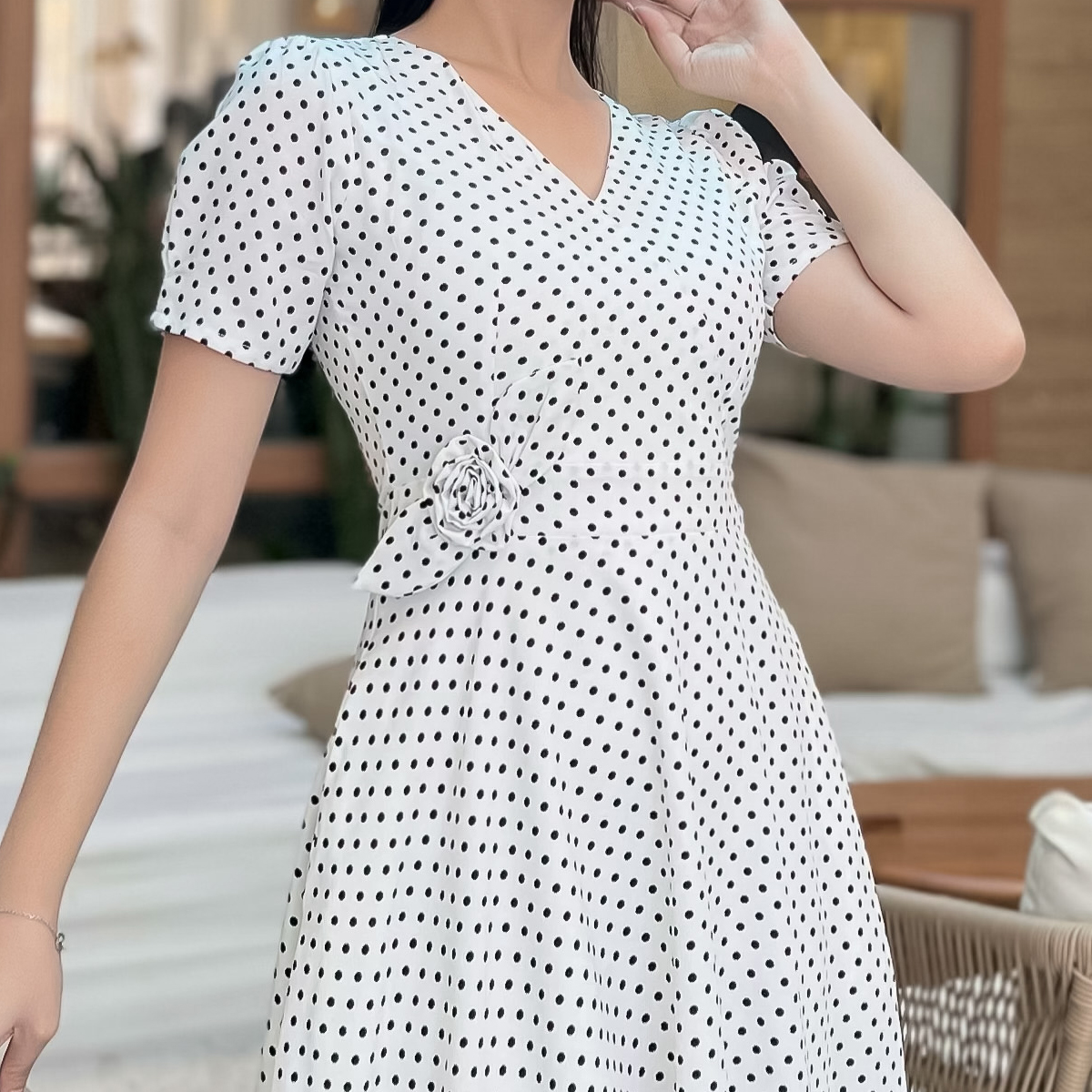 [HCM] Đầm xòe chấm bi phối hoa dễ thương D086 - Khánh Linh Style- Ladyfashion