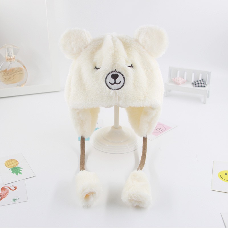 Mũ len lông cừu hình chú gấu bắc cực nhắm mắt có dây buộc cực mềm, ấm và đáng yêu cho bé từ 0-2 tuổi
